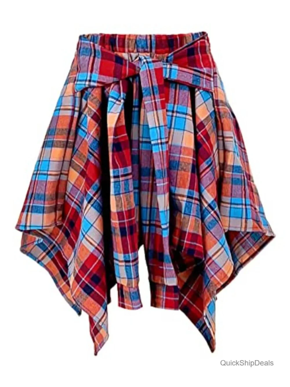 Plaid Skort High Waisted Tie Front Pleated Asymmetrical Skirt with Shorts